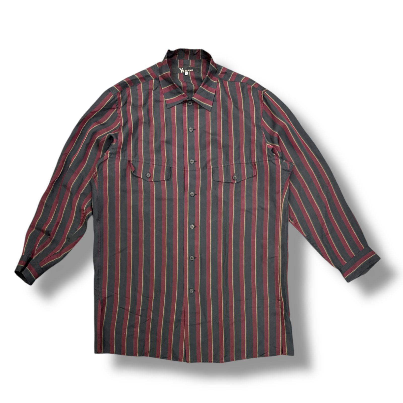 Y’s for men・ワイズフォーメン 23AW CUPRA STRIPEPIGMENT BLOUSE WITH FLAP POCKET 状態B キュプラ長袖シャツ ヨウジヤマモト MJ-B15-204 サイズ3 ブラック/バーガンディ メンズ （85938A）【中古】
