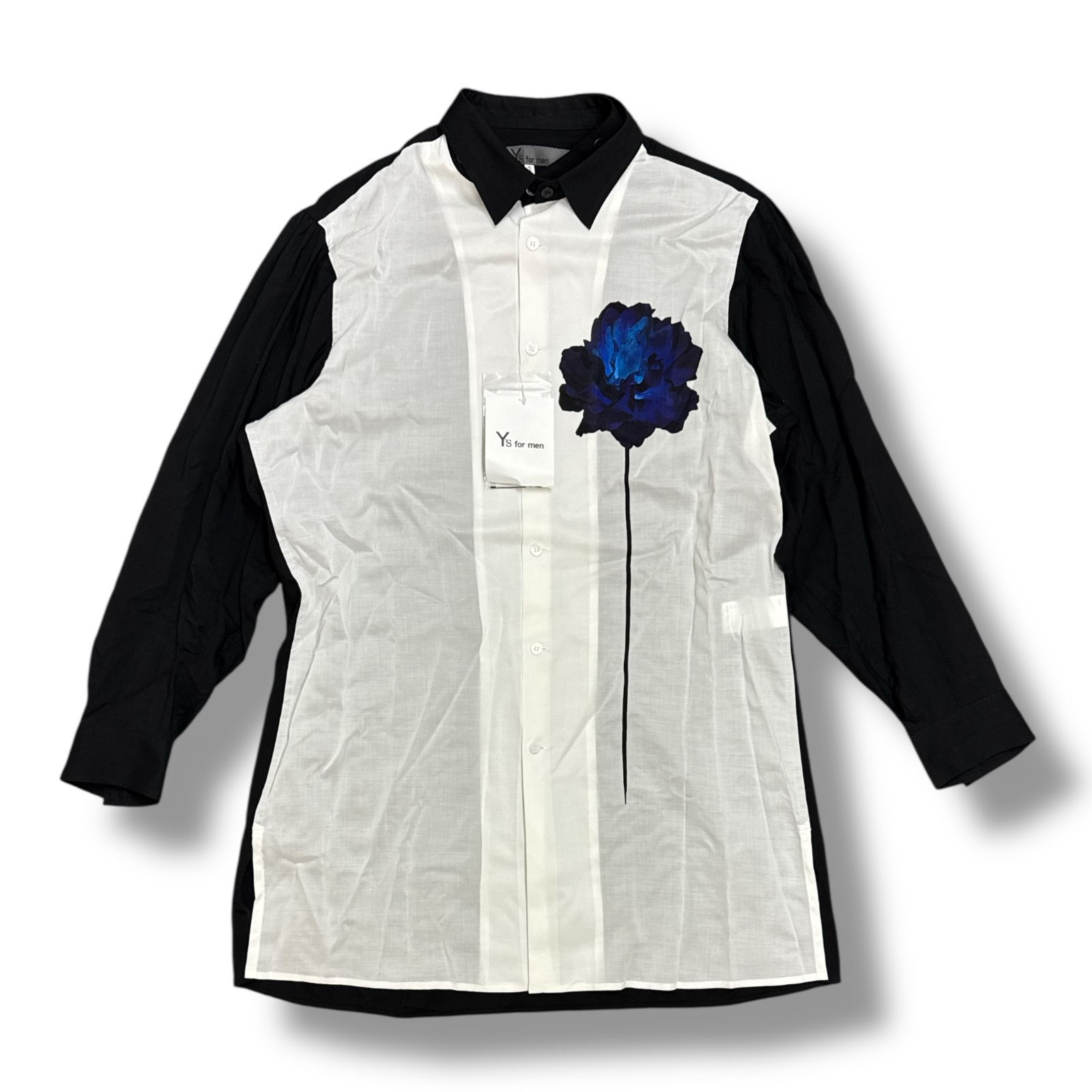 未使用 Y’s for men・ワイズフォーメン 24AW Single Bule Flower Print Blouse 状態SS シングルブルーフラワープリントブラウス 長袖シャツ MO-B52-802 サイズ2 ブラック/ホワイト メンズ （92935A）【中古】