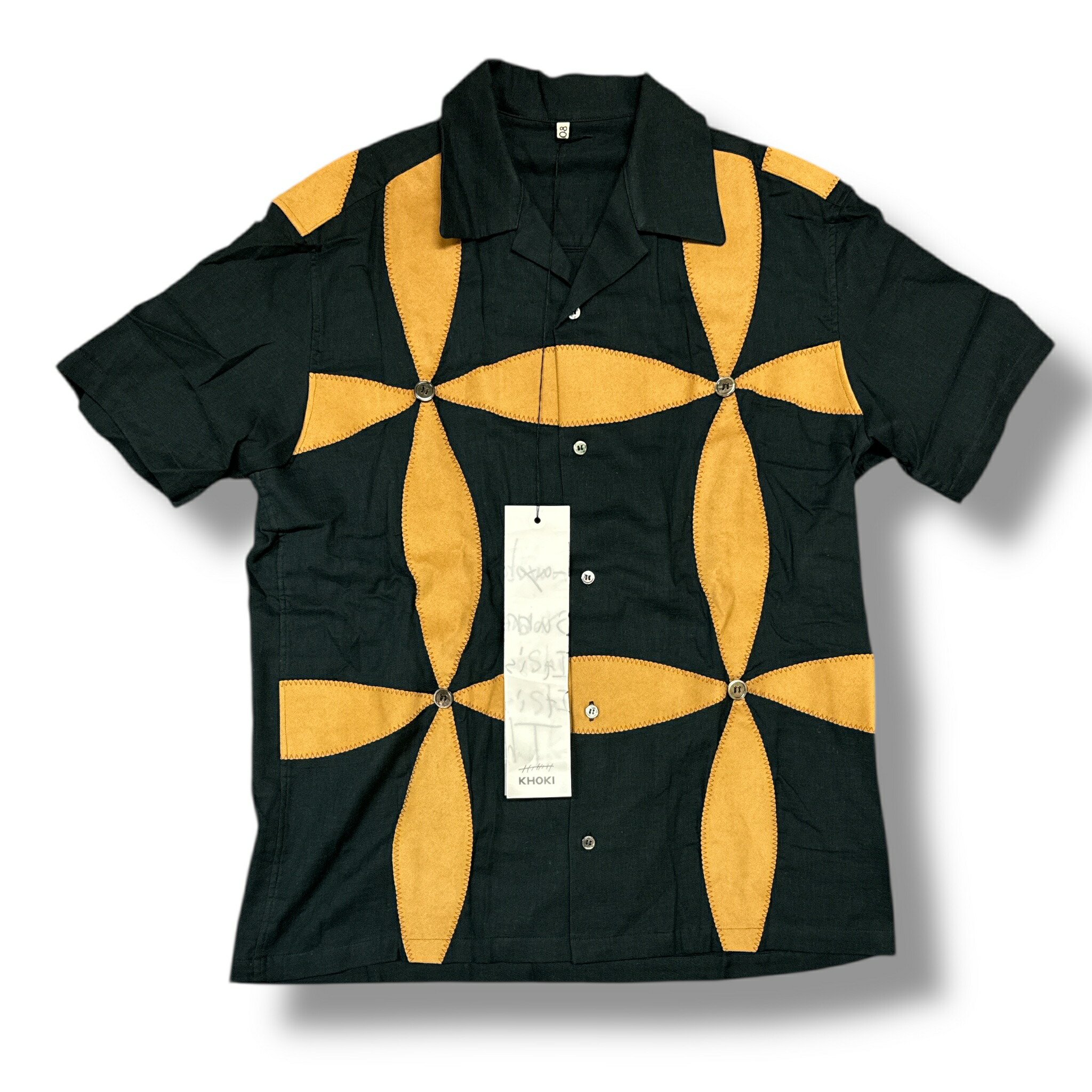 KHOKI・コッキ 23SS BUTTON FLOWER SHIRT 状態SS ボタフラワーシャツ オープンカラー 開襟 半袖シャツ 23ss-b-06-PI ブラック サイズ２（84947A）