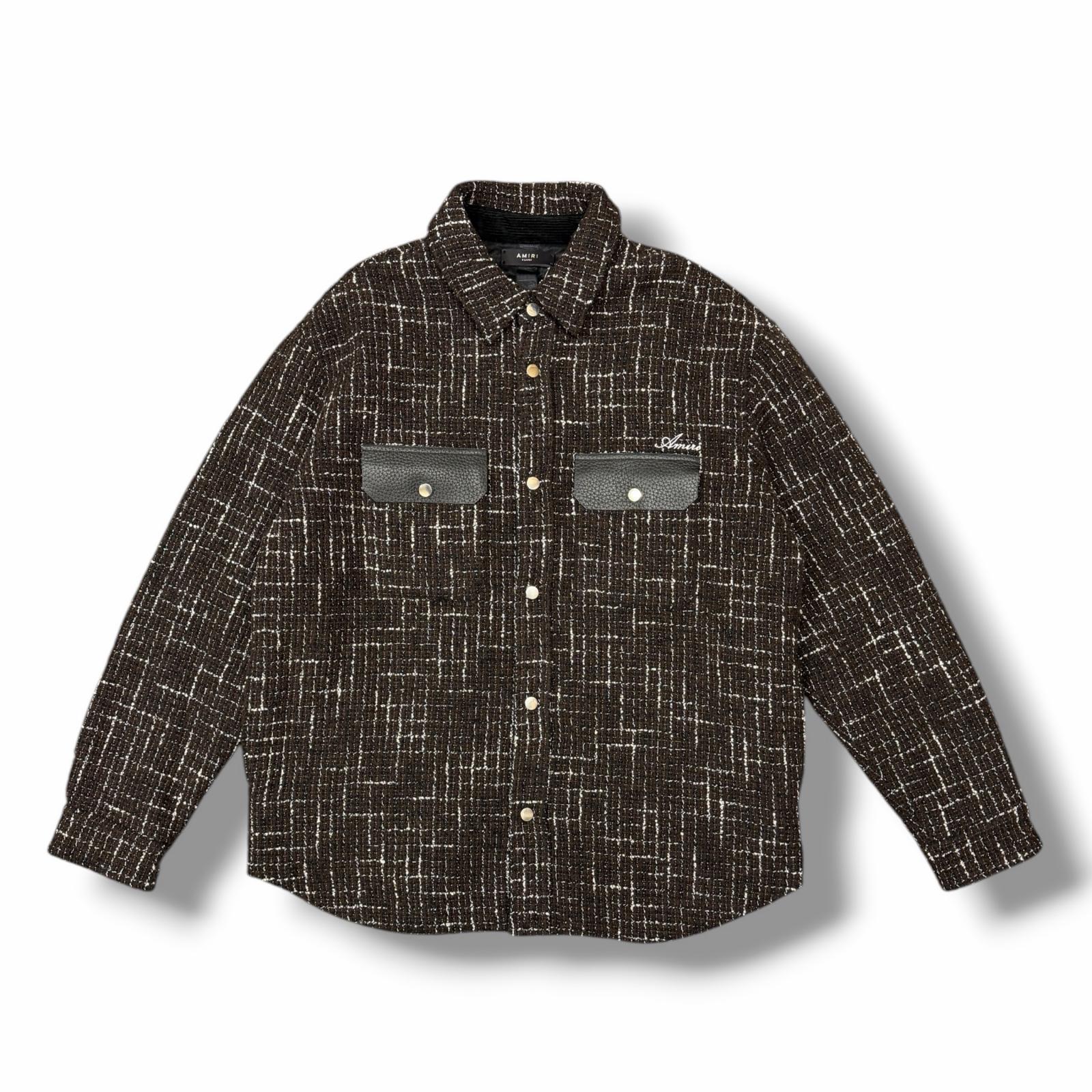 AMIRI・アミリ 22SS BOUCLE PADDED OVERSHIRT 状態A ロゴ刺繍 パデッドオーバーツイードシャツジャケット PS22MSL010 サイズXL ブラウン系 メンズ （13770M）【中古】