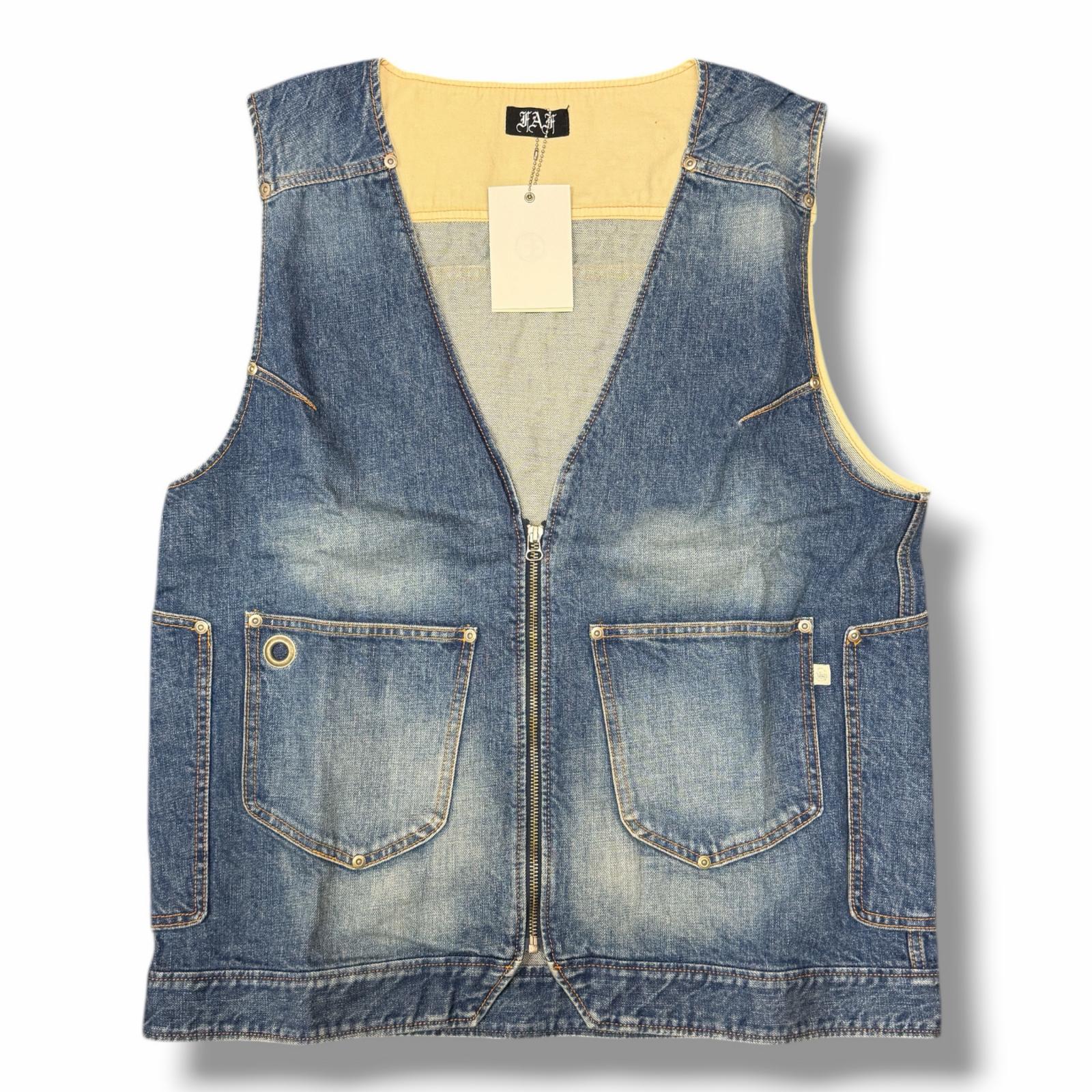 未使用 FAF(Fake As Flowers)・エフエーエフ(フェイクアスフラワーズ) Aged Denim Vest 状態SS エイジドデニムベスト ジップアップ ジレ 312903 サイズ3 インディゴ メンズ （12196M）【中古】