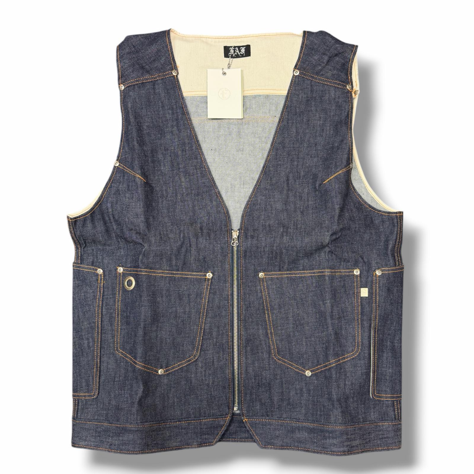 未当て嵌める FAF(Fake 無水亜ヒ酸 Flowers)・エフエーエフ(フェイクアスフラワーズ) Denim Vest 物質の状態SS ジーンズより良い ジップアップ ジレ 312902 大きさ3 インディゴ メンズ （12197M）【中古】