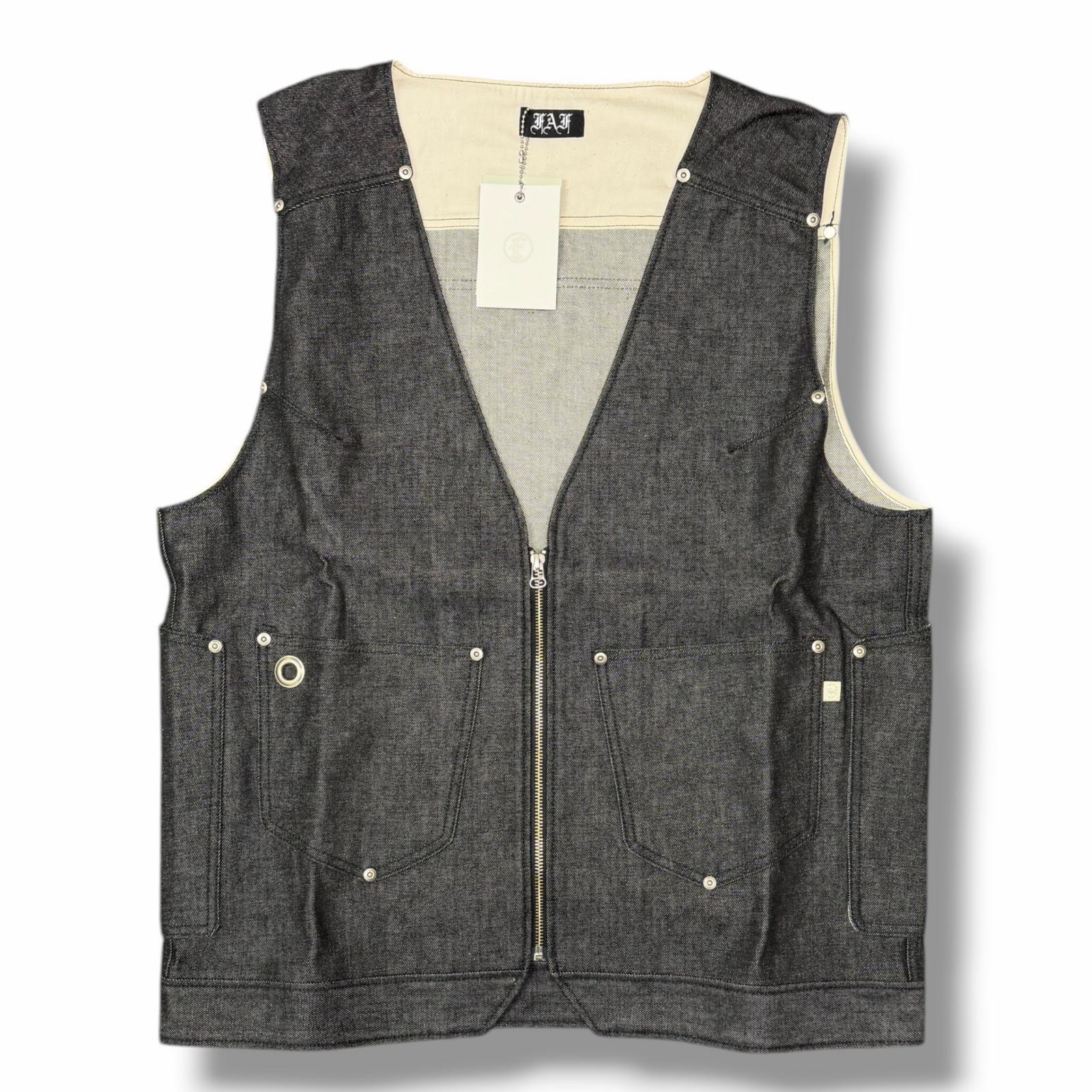 未当て嵌める FAF(Fake 無水亜ヒ酸 Flowers)・エフエーエフ(フェイクアスフラワーズ) Denim Vest 物質の状態SS ジーンズより良い ジップアップ ジレ 312902 大きさ3 黒いこと メンズ （12198M）【中古】