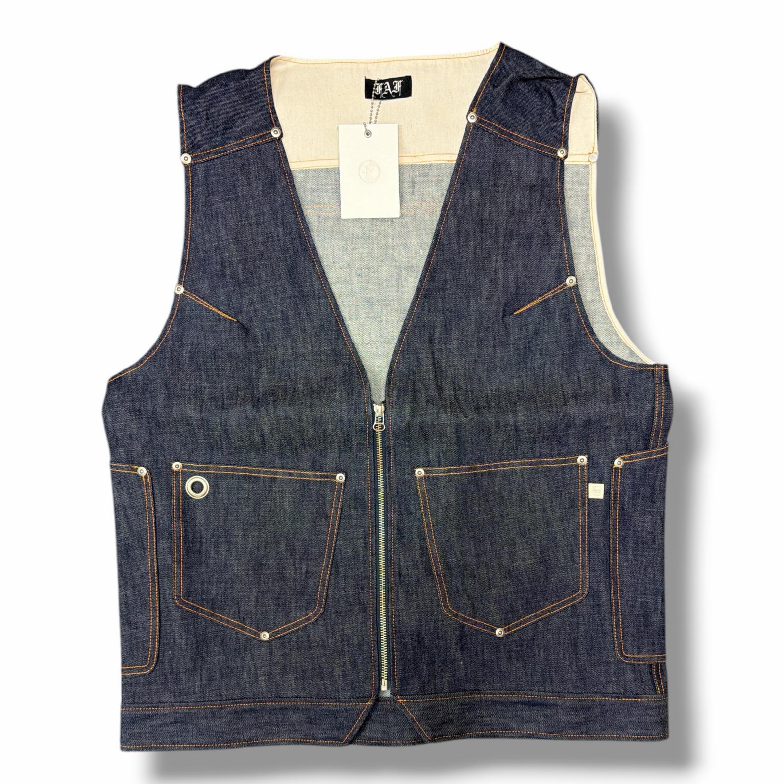 未当て嵌める FAF(Fake 無水亜ヒ酸 Flowers)・エフエーエフ(フェイクアスフラワーズ) Denim Vest 物質の状態SS ジーンズより良い ジップアップ ジレ 312902 大きさ2 インディゴ メンズ （12636M）【中古】