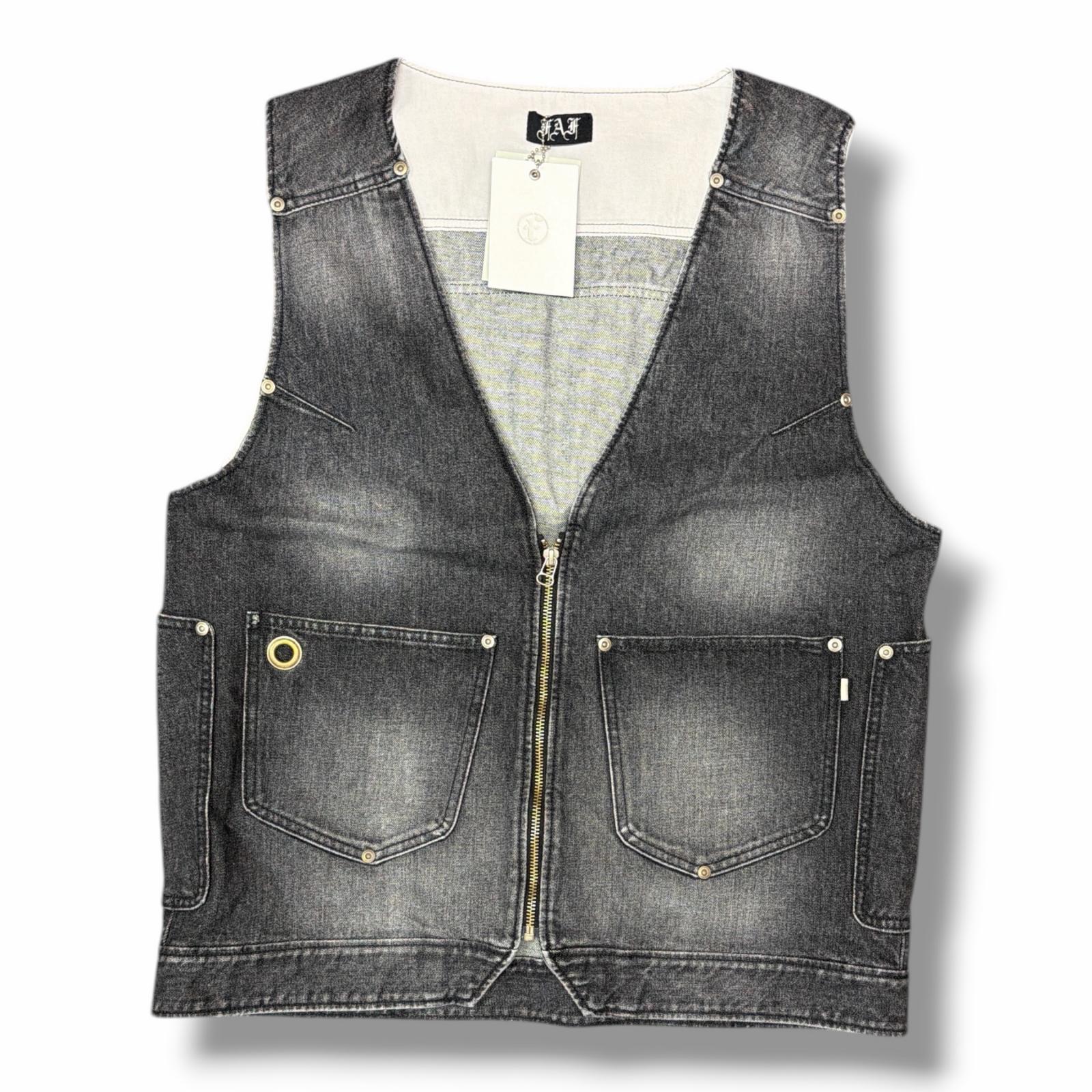 未当て嵌める FAF(Fake 無水亜ヒ酸 Flowers)・エフエーエフ(フェイクアスフラワーズ) Aged Denim Vest 物質の状態SS ジーンズより良い ジレ ウォッシュ産業 312903 大きさ2 黒いこと メンズ （12637M）【中古】