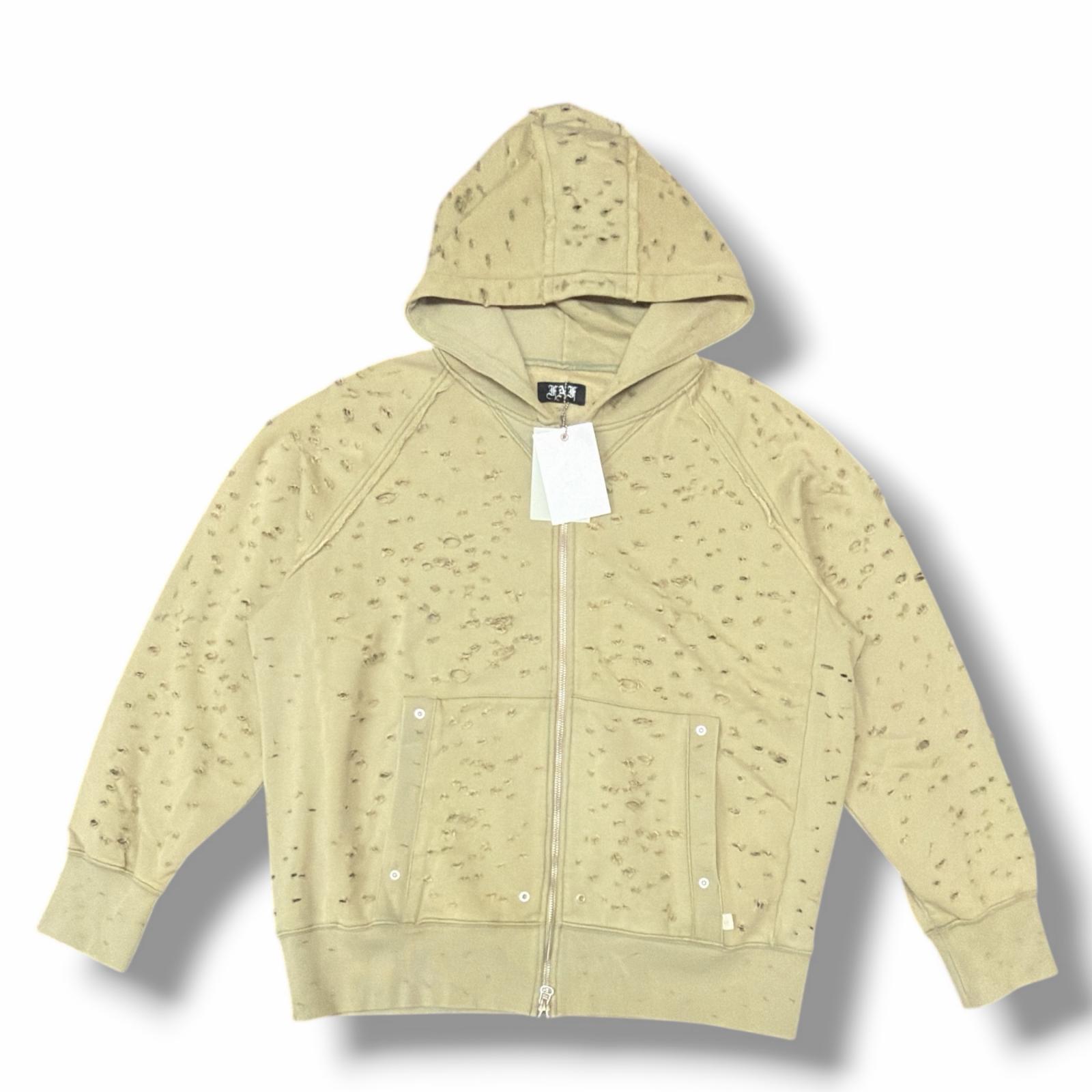 未使用 FAF(Fake As Flowers)・エフエーエフ(フェイクアスフラワーズ) 25SS Damaged Zip Up Hoodie 状態SS ダメージジップアップフーディー スウェットパーカー 3121201 サイズ3 カーキ メンズ （12641M）【中古】