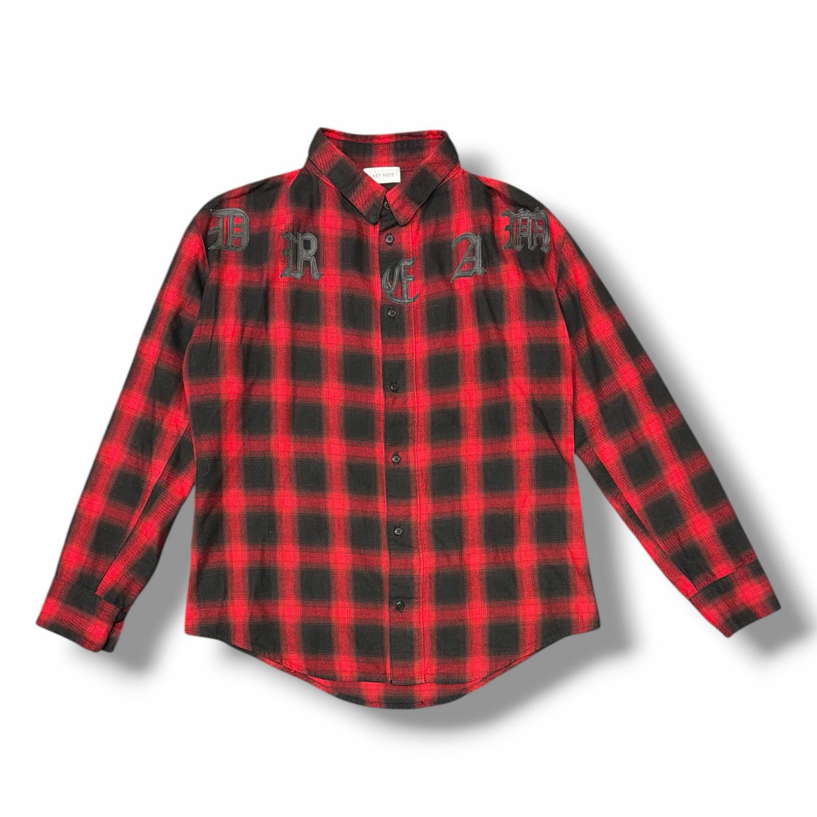 LAST NEST・挙げ句の果てネスト LEATHER LOGO PATCH CHECK SHIRT 物質の状態A レザーロゴパッチチェックシャツ 大きさ書きあらわす皆無（M大きさ好いかげんに） 赤いこと メンズ （14332M）【中古】