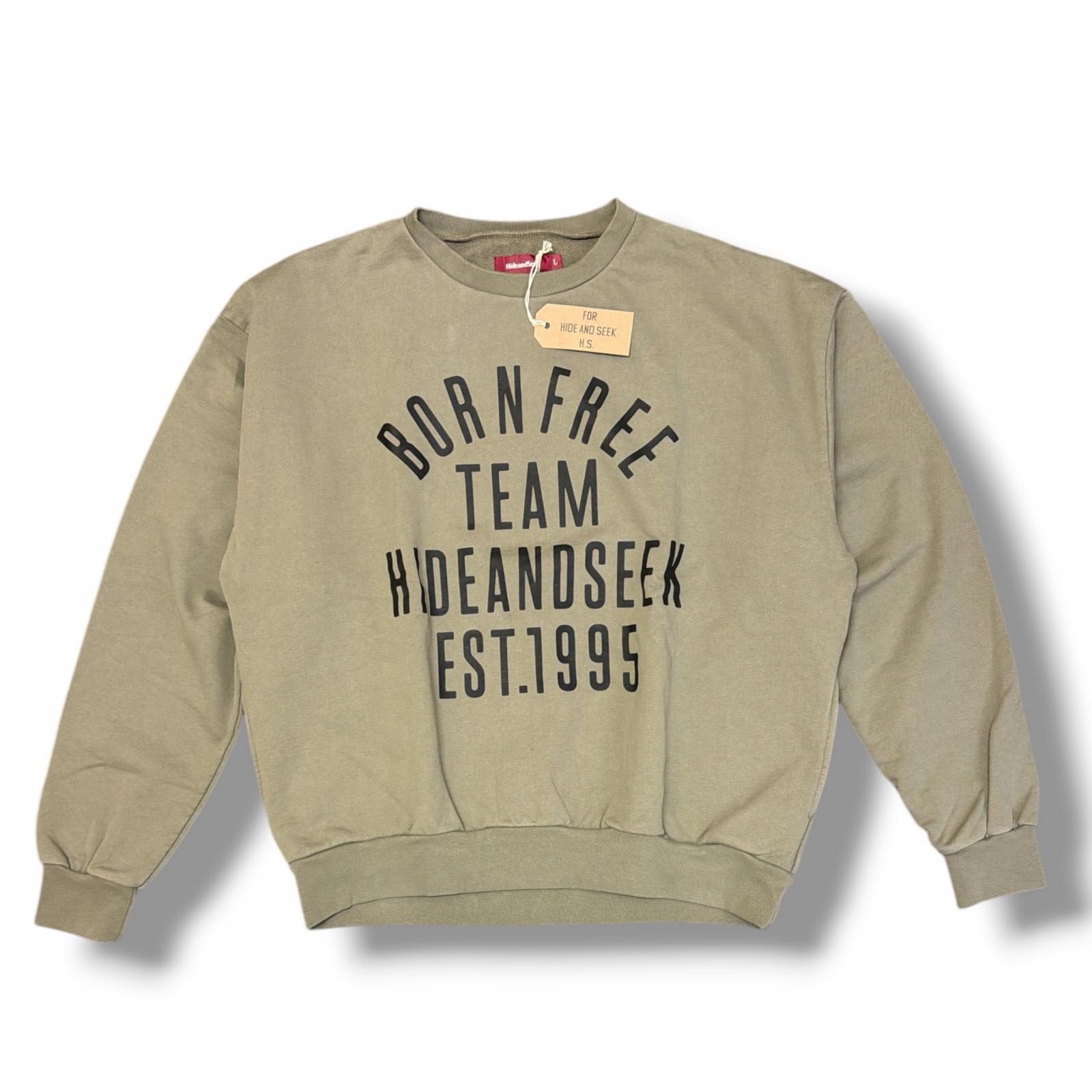 未当て嵌める HideandSeek・ハイドアンドシーク College Sweat Shirt 物質の状態SS ルーズフィット クルーネックスウェット HC-110625 大きさL カーキ メンズ （18281M）【中古】