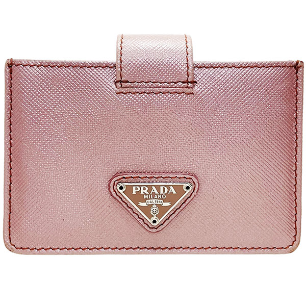 プラダ カードケース トライアングル ロゴプレート サフィアーノ レザー メタリック ピンク系 1M1211 PRADA じゃばら 名刺入れ IC ID パスケース 通勤 通学 ブランド小物 ANTICO MORDO【中古】