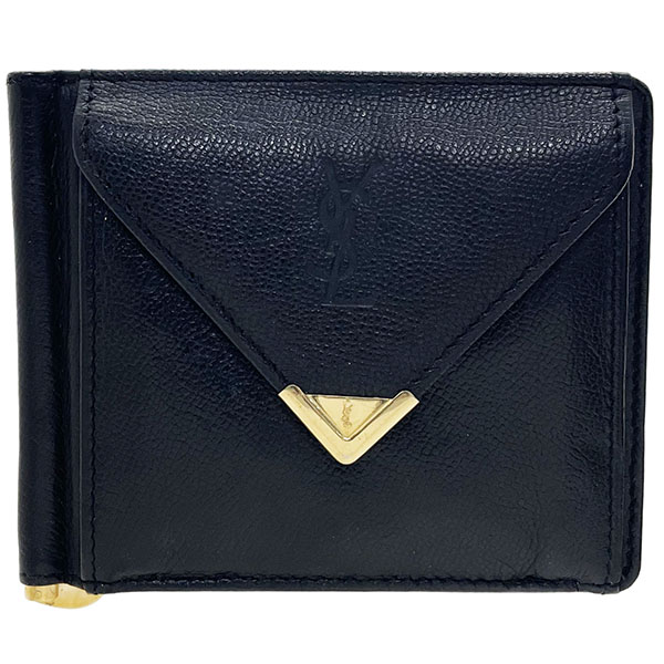 イヴサンローラン 財布 ロゴ 小銭入れ付き マネークリップ レザー 革 ブラック 黒 YVES SAINT LAURENT 二つ折り財布 コンパクト財布 ミニ財布 ミニウォレット ウォレット サイフ メンズ 紳士 男性 YSL【中古】
