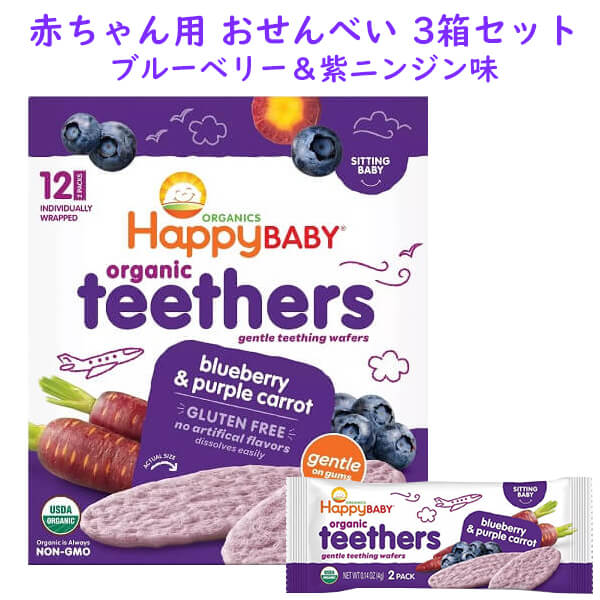 ☆3箱書き割り☆ 乳飲み子用 オーガニック 歯押さえ 御菓子 生後7か月以上 ティーザー ブルーベリー＆パープルキャロット味 12袋書き割り HappyBaby ハッピーベイビー
