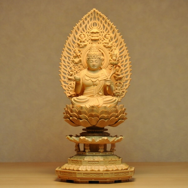 木彫り仏像　干支お守り本尊　【普賢菩薩】　八角台飛天光背　柘植（ツゲ）　坐2.0寸｜海宇工芸館　店