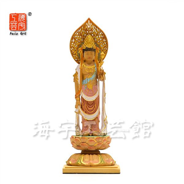 木彫り仏像 小仏【聖観音菩薩立像】 柘植 淡彩色 総高13cm ※桐箱付き｜海宇工芸館　店