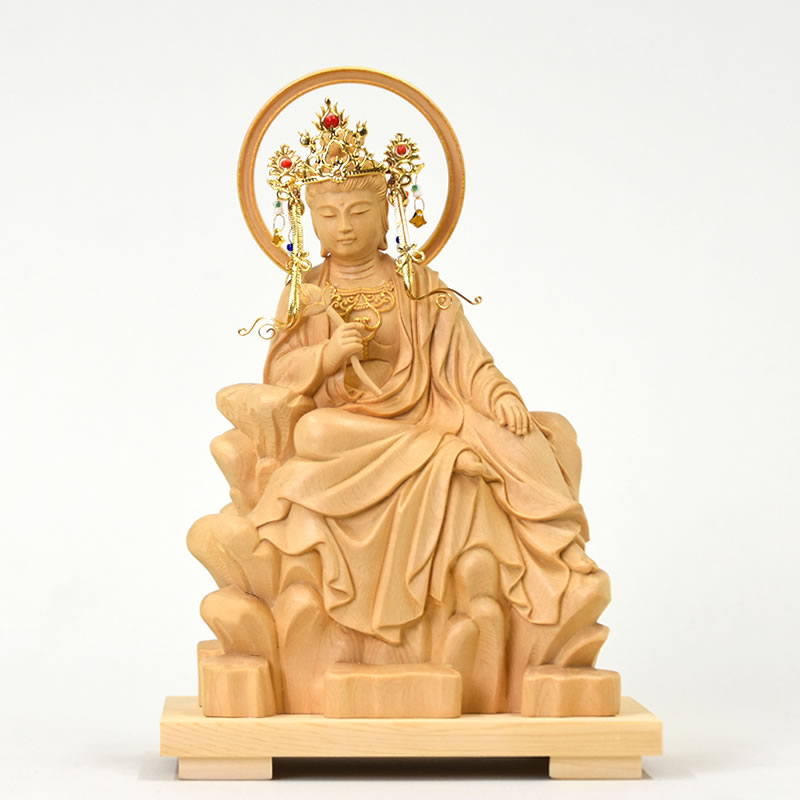 木彫り仏像 【東慶寺形水月観音坐像】 桧木 締め高20糎 手打飾りつけ金具 書きうつす細工物