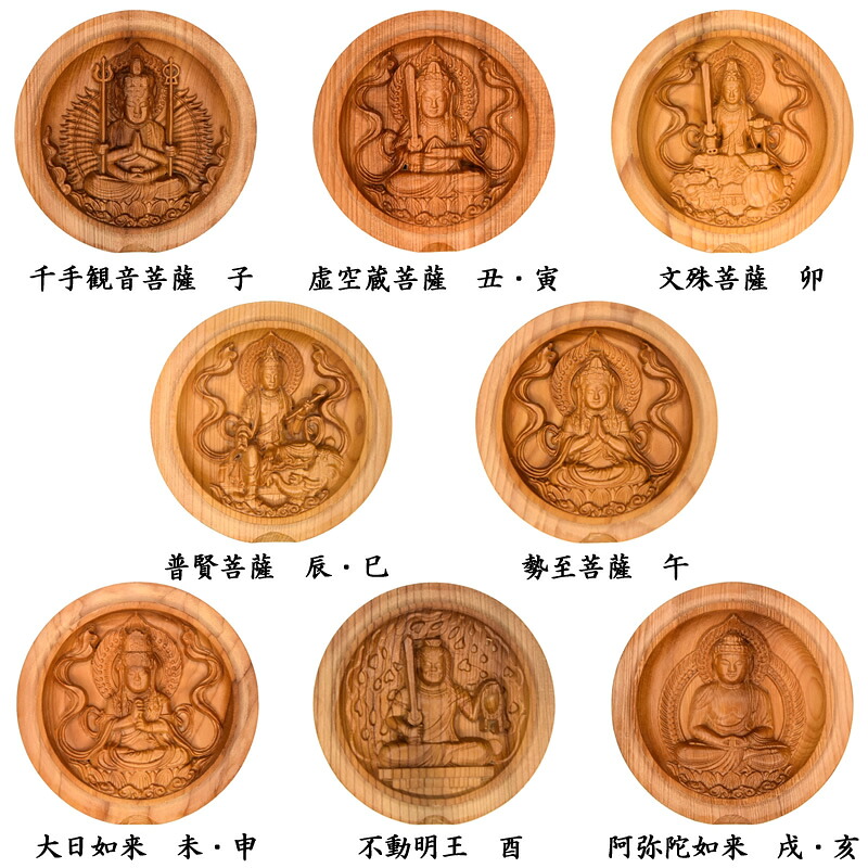 木彫り仏像 干支お守り本尊 丸型香合仏/懐中仏 材質：イチイ 差しわたし6糎 ※紙箱入れ