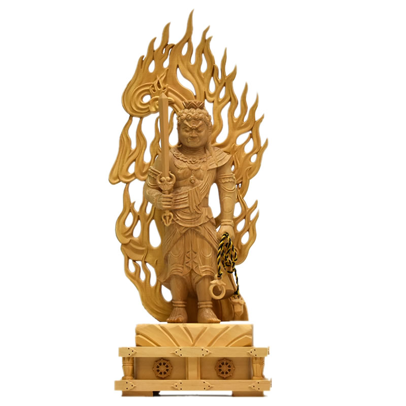 木彫り仏像 【不動明王彫像】 火円光四角台 柘植 立4.0寸 締め高約24糎 干支お守り本尊 酉年