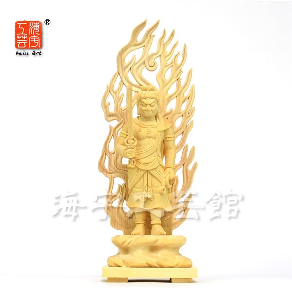 木彫り仏像 【不動明王立像】 火炎光背岩台 桧木(ひのき) 立4.0寸 干支お守り本尊 酉年 真言宗 脇仏|海宇工芸館 店