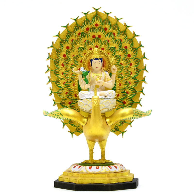木彫り仏像　小仏 【孔雀明王】 柘植（ツゲ） 極彩色　総高17.5cm　※桐箱付き｜海宇工芸館　店
