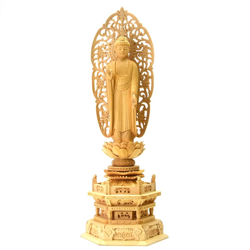 仏像　木製　桧　阿弥陀さま 阿弥陀如来 立像 高さ26cm 桧製 木彫り 仏像 : 仏像と縁起物の