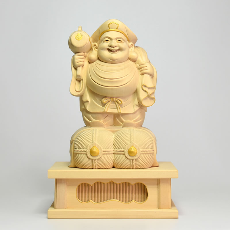 木彫り仏像 桧木【大黒天】箱台付 金泥仕様 総高25cm|海宇工芸館 店