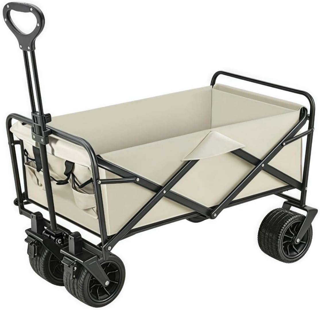 折りたたみ式キャンプカート（ベージュ）｜オフロード相応う 広広とした車輪 ダブル打ち切り 大電気容量 アウトドア 旅行鉄道車両 ポータブルベンチデザイン 丸焼き 魚釣り 積貨委託貨物持ちはこび 多役立つこと手押し車 (ベージュ)