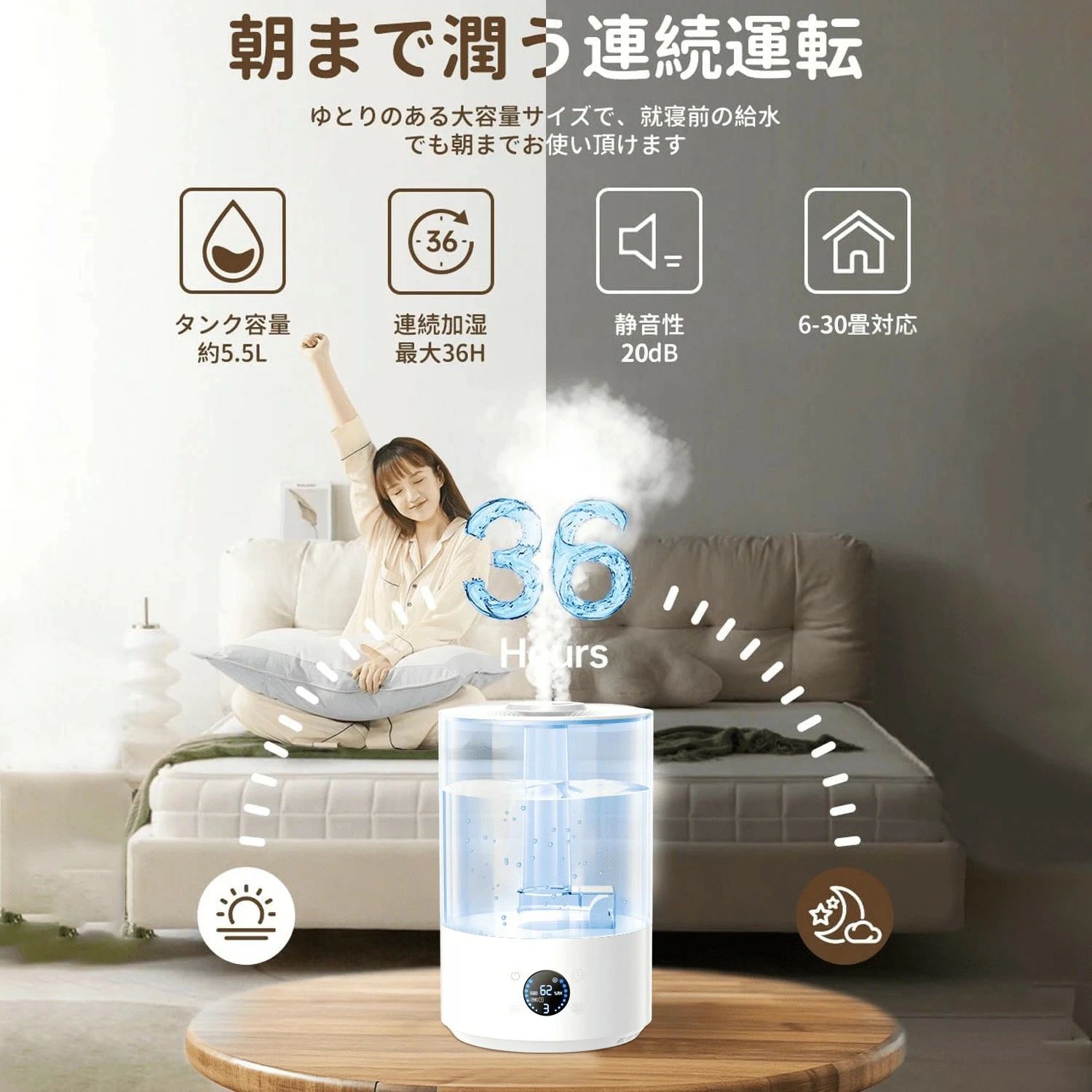 5.5L 大容量加湿器 自動湿度調整 & リモコン操作 | 超静音設計 & 36時間連続加湿 | 部屋全体を均等に加湿できる！