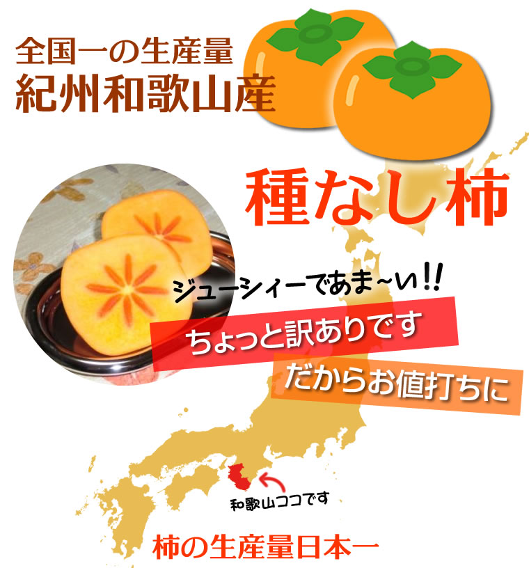 【送料無料(送料込】大きさ色々詰め合わせ和歌山のたねなし柿・家庭用5kg【柿/かき/カキ/訳あり/わけあり/ワケあり/お試し/おためし】