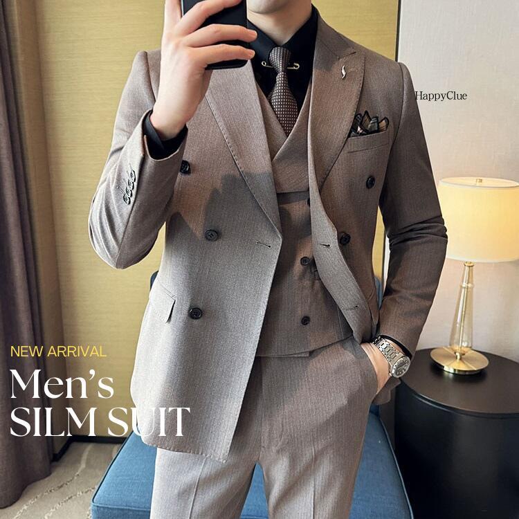 【最安挑戦！55%OFF＆24318円→12738円!】スリーピース スーツ メンズスーツ 結婚式 前撮り メンズ ダブルスーツ セレモニースーツ ビジネススーツ フォーマル 通勤 オフィス 発表会 二次会 同窓会 パーティー 大きいサイズ 3ピーススーツ