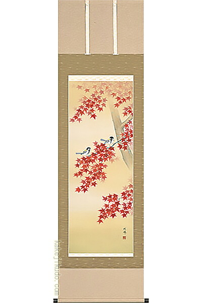 掛軸　紅葉に小禽　（北沢利輝）送料無料　【肉筆】【掛軸】【一間床・半間床】【秋】｜掛け軸・絵画の専門店　掛軸堂画廊