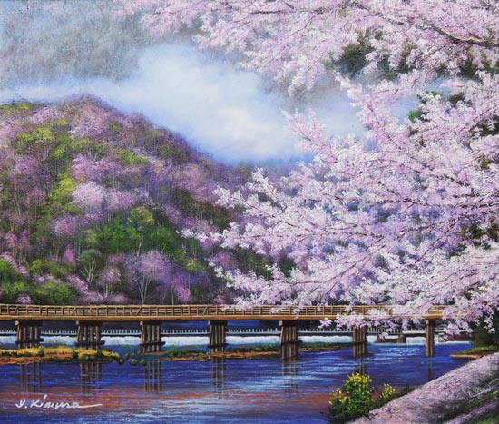 楽天市場 絵画 油絵 渡月橋の桜 京都 木村由記夫 送料無料 肉筆 油絵 日本の風景 10号 掛け軸 絵画の専門店 掛軸堂画廊