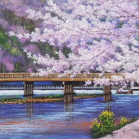 楽天市場 絵画 油絵 渡月橋の桜 京都 木村由記夫 送料無料 肉筆 油絵 日本の風景 10号 掛け軸 絵画の専門店 掛軸堂画廊