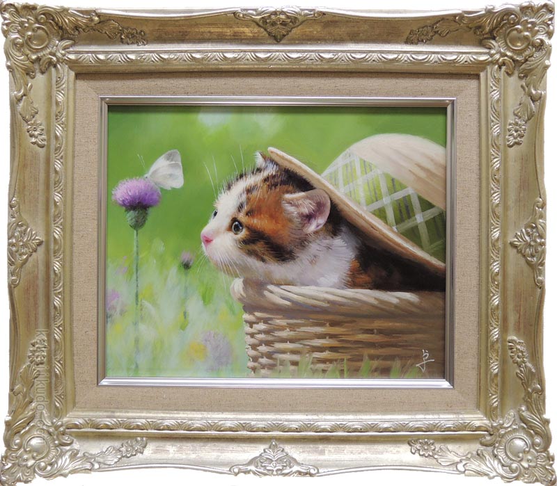 楽天市場】長岡 卓『コスモスと仔猫』油絵・油彩画 F4（4号