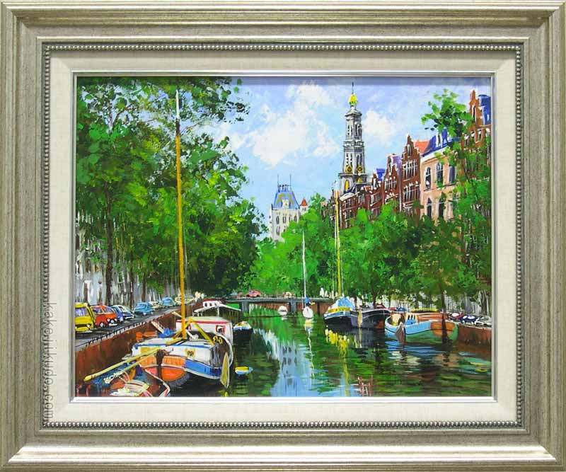 絵画　油絵　アムステルダムの運河　（藤原英信）　送料無料　【肉筆】【油絵】【外国の風景】【6号】