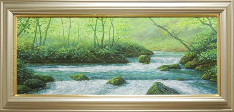 絵画　油絵　奥入瀬渓流　（関健造）　送料無料　【肉筆】【油絵】【日本の風景】【横長】