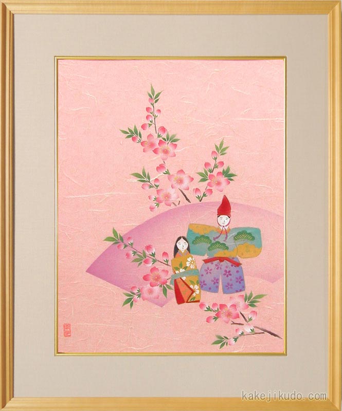絵画　手染和紙額付　お雛様　(南川康夫)　送料無料　【肉筆】【エアブラシ】【花】【6号】