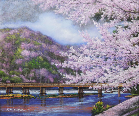 絵画 油絵 渡月橋の桜 京都 F号 木村由記ハズバンド 送料無料 肉筆 油絵 日本の風景 大型絵画 Beemer Com Br