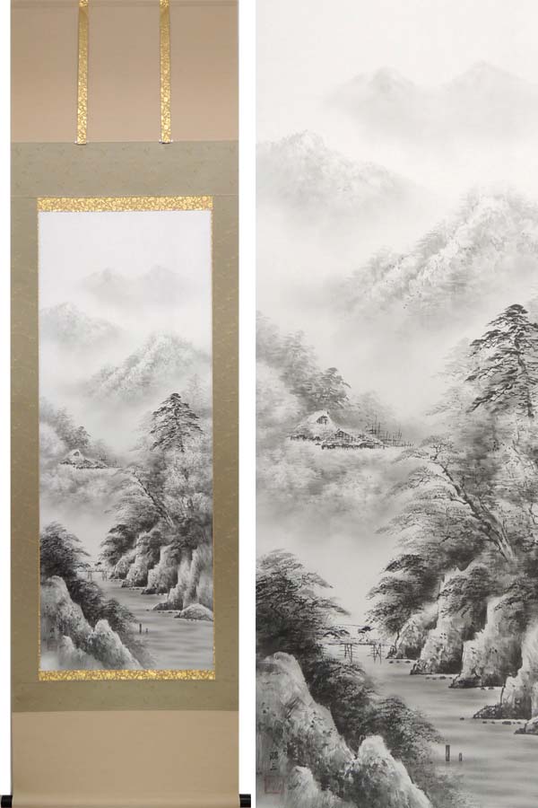 【真作】掛軸　幽谷静観　水墨山水画　壮麗な山岳風景　細密描写　合箱入　R36 真作】掛軸 幽谷水車図 山水画 滝と茅葺小屋の山村風景 日本の原