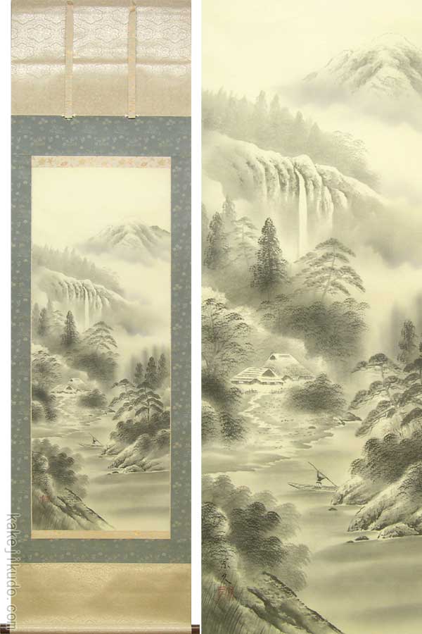 日高山水　水墨山水　掛け軸 Amazon.co.jp: 掛軸 掛け軸 水墨山水（すいぼくさんすい） 戸塚