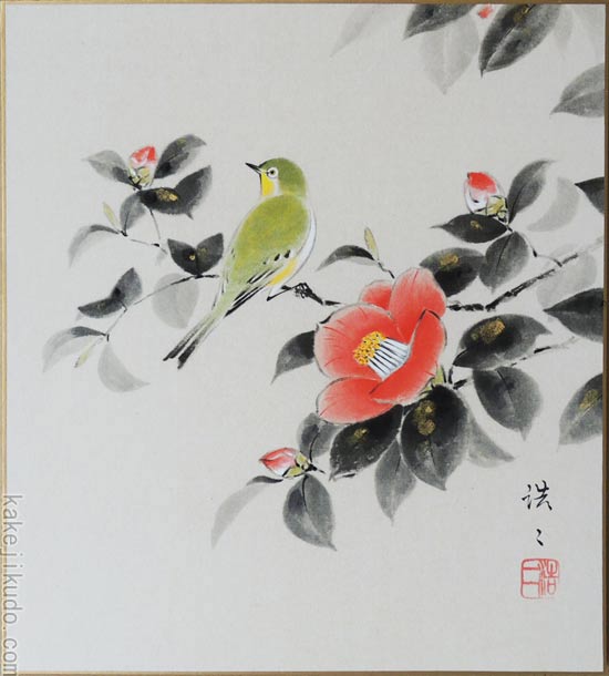 日本画　椿　太政官　額縁入り　静物画　約100㎝×約80.5㎝ 日本画椿太政官額縁入り静物画約100㎝×約80.5㎝ - 絵画