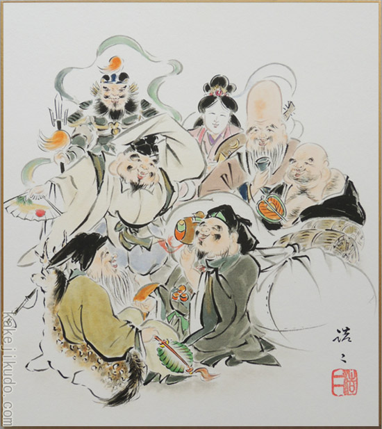 【真作】原画　手描き　七福神　宝船　色紙　日本画　掛け軸 楽天市場】縁起物 干支 色紙額 佐藤吉行 「七福神宝舟」 日本画