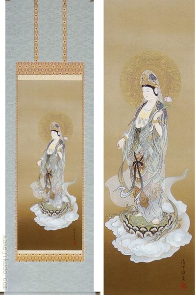「観音像」　翠峰　掛け軸 掛軸 二重箱　雲上観音　桐共箱二重箱付 仏画 観音様の掛け軸 鈴木翠朋作 雲上観音