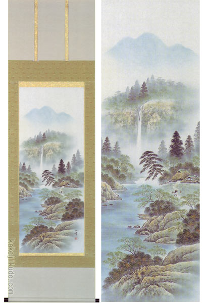 楽天市場】掛軸 彩色山水 保母一峰画(掛け軸 尺五立）幅54.5cm×丈190cm