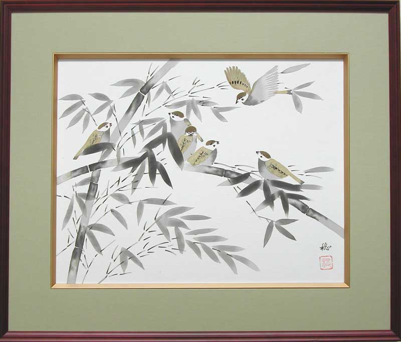 楽天市場】絵画 日本画 朱竹に雀 （星野国光） 送料無料 【肉筆