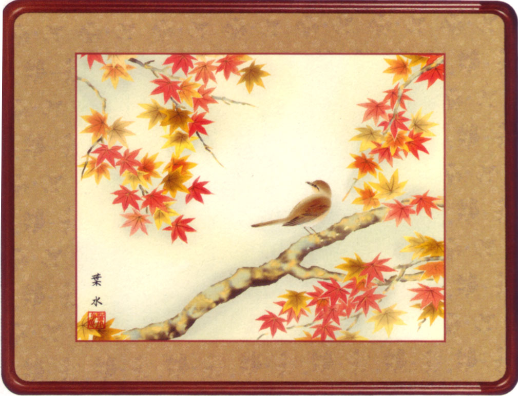 額付き紅葉と鳥日本画 額付き紅葉と鳥日本画 額付き紅葉と鳥日本画