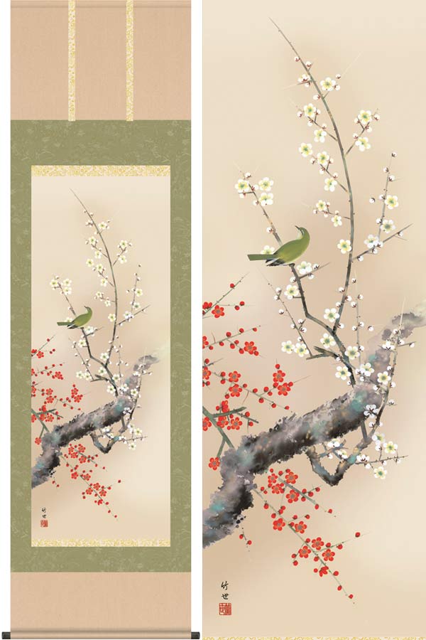 楽天市場】掛け軸 紅白梅に鶯 (根本孝逸) 送料無料 掛軸 : 掛け軸