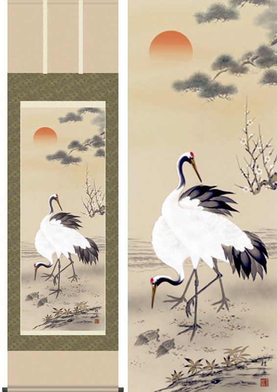 楽天市場】【訳あり】水墨 掛け軸 185×53cm 松竹梅 鶴亀 紙箱