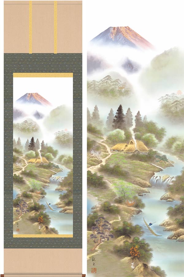 美品　掛け軸　今井玲豊作 淡青山水図 楽天市場】掛け軸 開運四神相応山水図 （今井玲豊） （掛軸小物