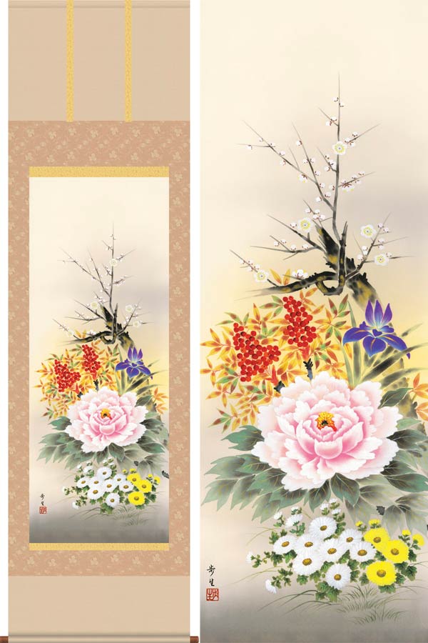 楽天市場】掛け軸 四季草花 （横山香秋） （掛軸小物なし） 送料