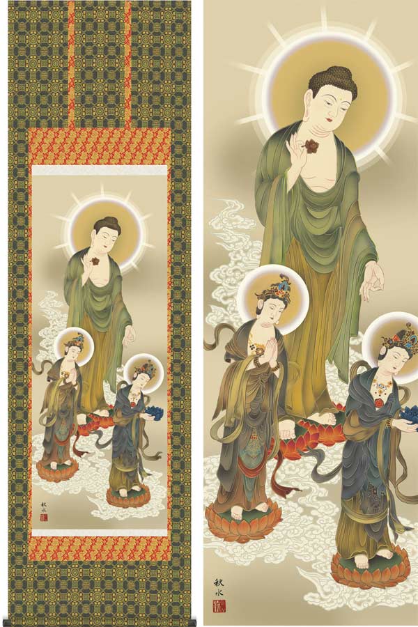 掛軸 無銘『阿弥陀三尊』佛画 仏画 豪華金襴表装 絹本 美品 箱付 掛け軸 g-1448.jpg
