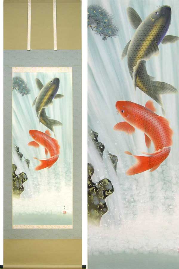 【真作】掛軸　仲田龍安　金魚　人気画家　精密描写　共箱入　O174 楽天市場】掛け軸 滝上り鯉 (仲田龍安) 送料無料 【掛軸】【一間